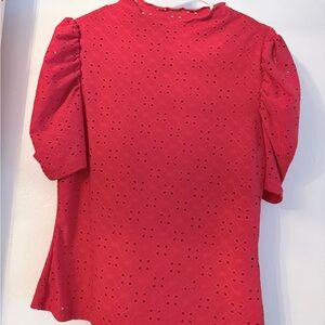 Red Eyelet Puff-Sleeve Blouse
